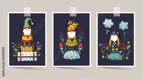 Vector cute colorful illustration of garden gnome with heart and flower. Cartoon elf kid illustration for print. Valentines card and poster set.