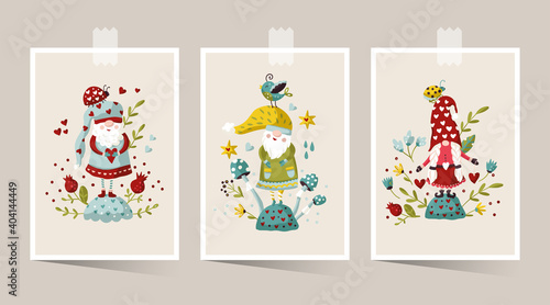 Vector cute colorful illustration of garden gnome with heart and flower. Cartoon elf kid illustration for print. Valentines card and poster set.