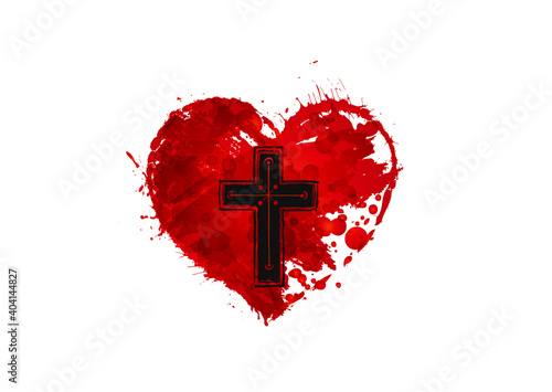 Christian cross and red heart on white background.