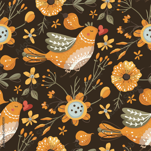 Bird and flower seamless vector pattern. Floral ornate folk art cartoon wallpaper ornament. Orange bird boho art.