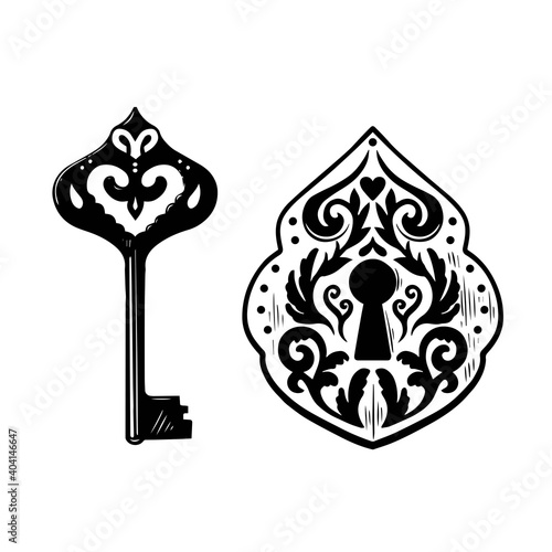 Hand drawn black and white ink set of retro ornate key and keyhole.