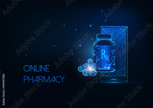 Futuristic online pharmacy concept with glowing smartphone, capsule pills and medicine bottle