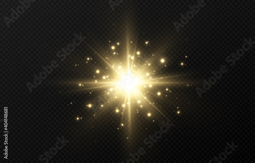 Vector golden glow. Magic light, magic glow, light png. Gold flash of light with sparkles. Vector image.