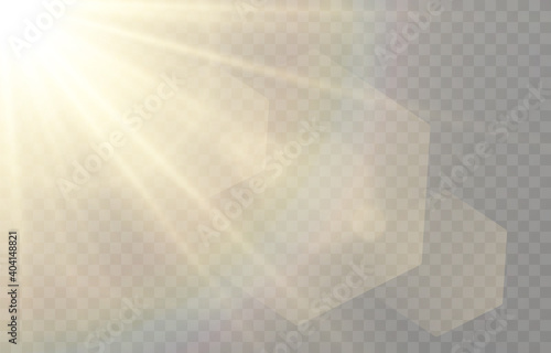 Vector golden light with glare. Sun, sun rays, dawn, glare from the sun png. Gold flare png, glare from flare png.	