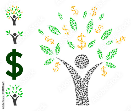 Vector money tree man icon covid mosaic. Money tree man mosaic is formed with tiny covid pathogen icons. Image is organized for pharmacy purposes.