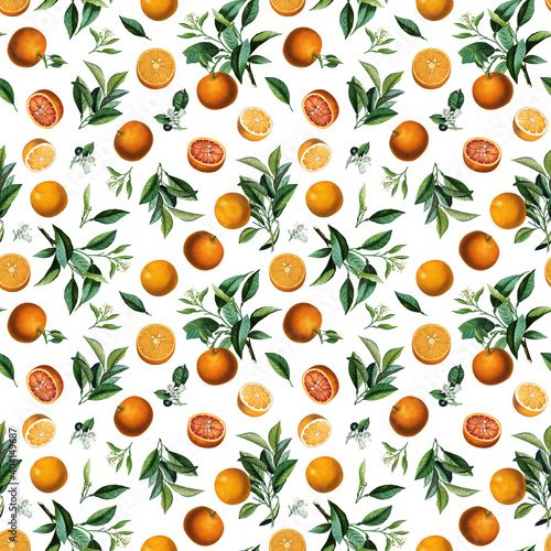 Fototapeta Naklejka Na Ścianę i Meble -  Seamless pattern with vintage orange citrus fruits, blossom, green leaves white background