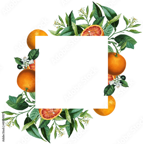 Polygonal square frame with vintage orange citrus fruits, blossom, green leaves
