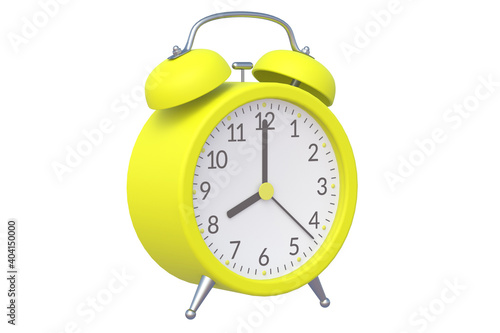 Yellow vintage analog alarm clock isolated on white background. 3d rendering