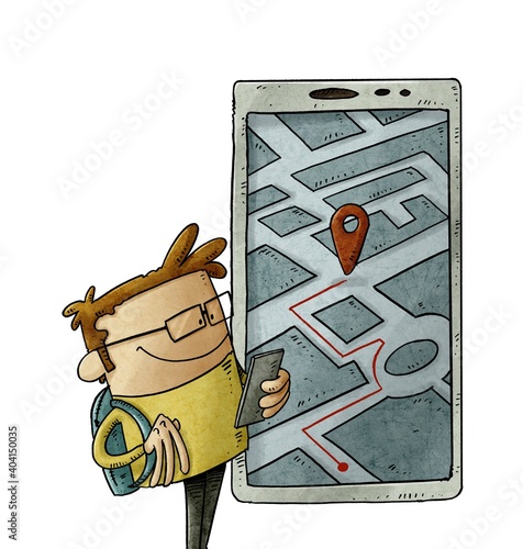 cartoon person is looking at his smartphone to know his location. Geolocation usage concept. isolated