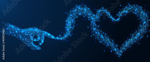 The stream of energy is transformed into a heart. The hand enchants with love magic. Polygonal construction of concatenated lines and points.