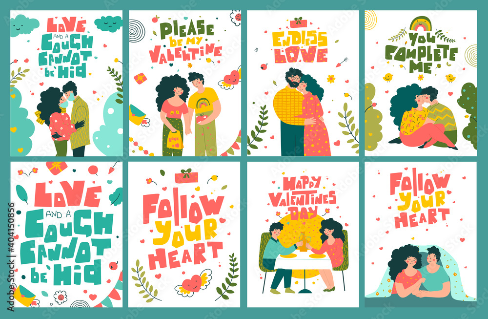 Fototapeta premium Valentine's day greeting cards set, flat vector illustration.