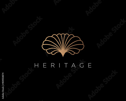 Linear gold gradient flower shell logo design. Premium seafood spa beach hotel vector logotype sign minimal style illustration.