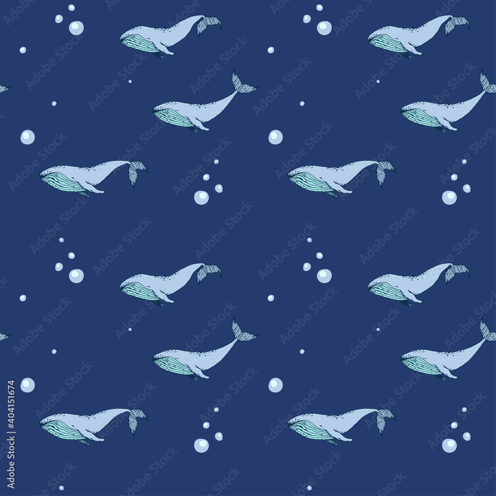Hand drawn humpback whales on dark blue background, seamless vector illustration. Hand drawn humpback whales on dark blue background, seamless vector illustration.