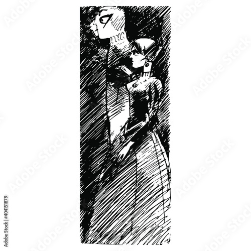 Two fantastic character. Man and woman in vintage Victorian clothes. Hand drawn rough sketch. Black and white silhouette. Weird couple.