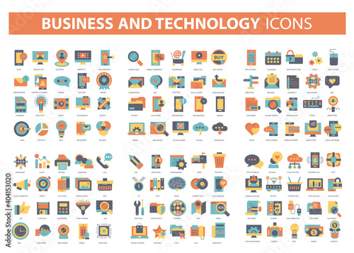 Business and marketing, programming, data management, internet connection, social network, computing, information. Thin line blue icons set. Flat vector illustration 