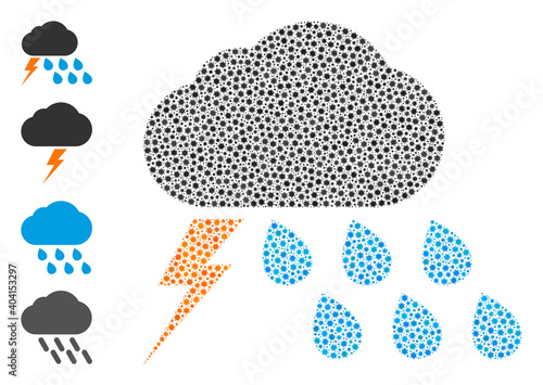 Vector thunderstorm weather icon covid collage. Thunderstorm weather mosaic is formed with little covid virulent items. Collage is designed for pharmacy projects.
