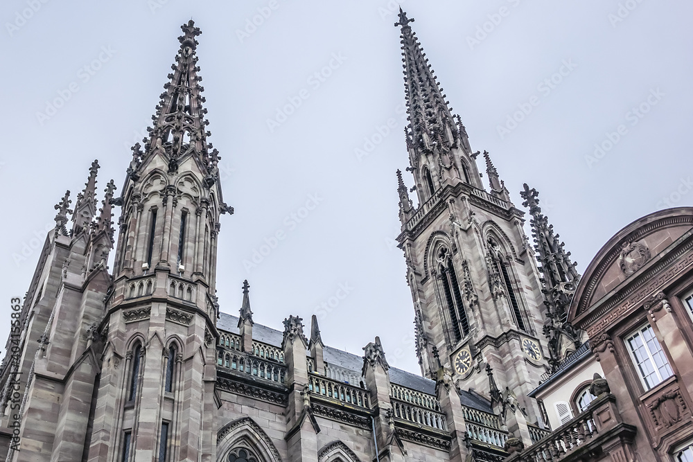 Fototapeta premium Neo-Gothic style Mulhouse Saint Etienne Temple (Protestant St. Stephen's Church, 1859) on the site of XII century church. Mulhouse, Alsace, France.