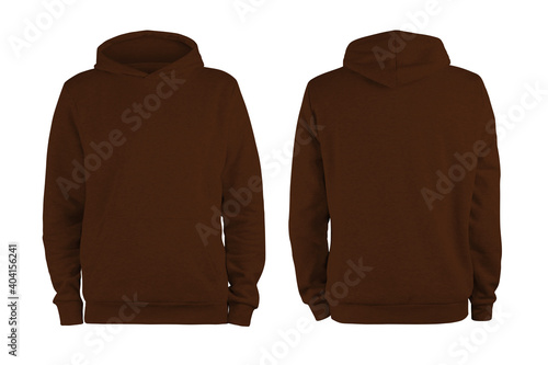 Men's brown dark chocolate blank hoodie template,from two sides, natural shape on invisible mannequin, for your design mockup for print, isolated on white background
