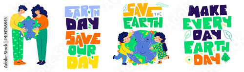 Earth day banner set. Save our day earth. Make every day earth day hand lettering.
