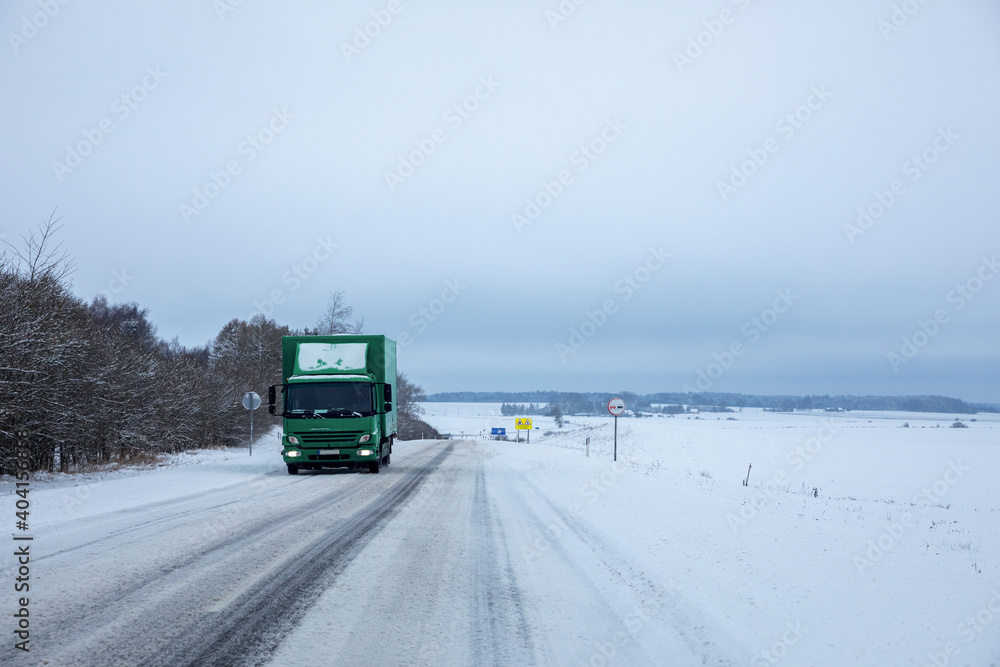 Country roads after snowfall in Lithuania