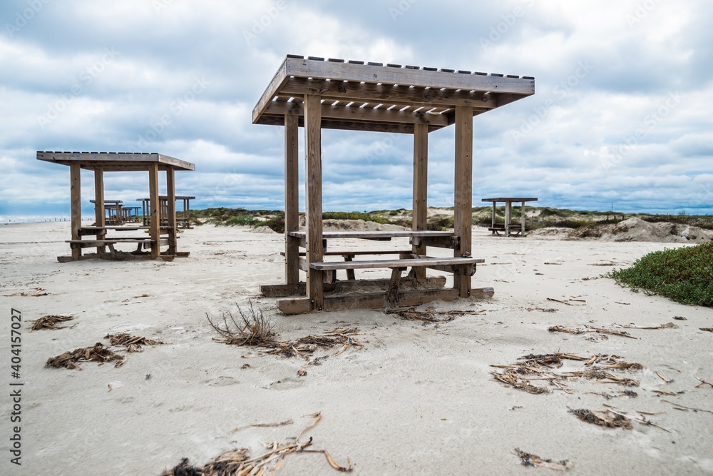 Picnic Tables on a Beach on Padre Island, TX