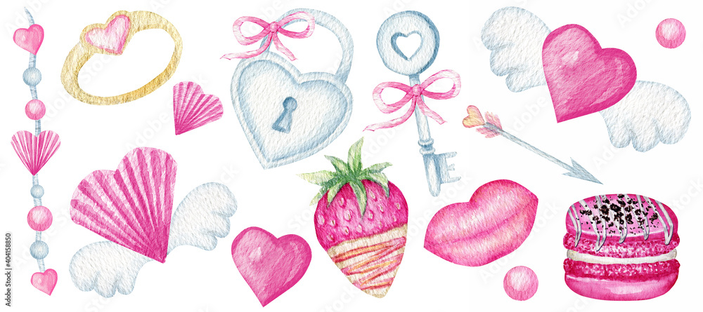 Valentine's day romantic set, Strawberry fruit, lips, hearts with wings, key and Lock, wedding ring, macaroon cookie. Watercolor isolated illustration. Pink love sweets Valentine's day romantic set, Strawberry fruit, lips, hearts with wings, key and Lock, wedding ring, macaroon cookie. Watercolor isolated illustration. Pink love sweets