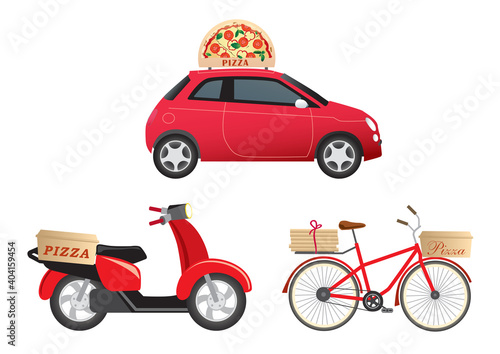 Transportation for pizza delivery. Red car, red scooter and bike with pizza boxes.