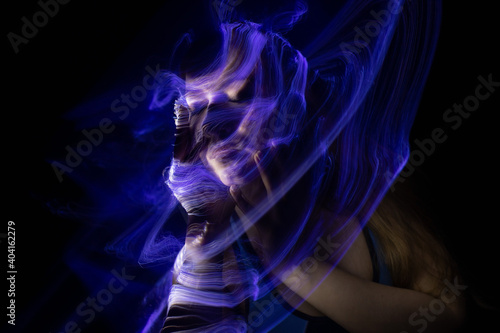 light painting portrait, new art direction, long exposure photo without photoshop, light drawing at long exposure 