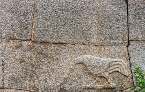 Hampi, Karnataka, India - November 5, 2013: Zanana Enclosure. Lone goose fresco on gray exterior no-cement wall. Piece of green foliage adds color. photo