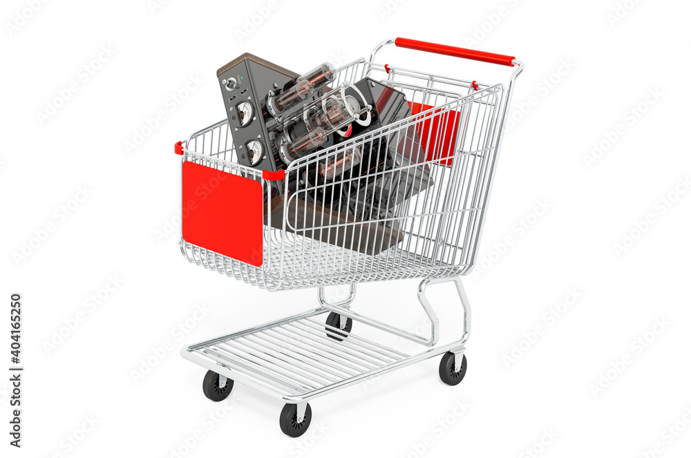 Shopping cart with electronic amplifier. 3D rendering