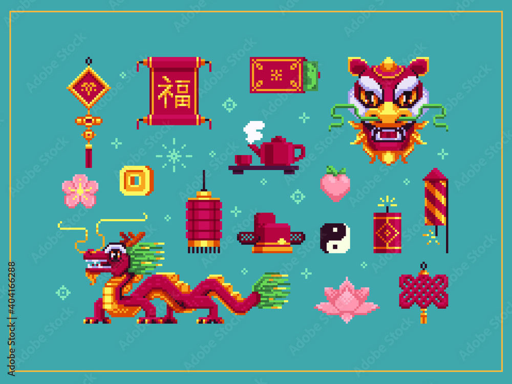 Cool Chinese New Year set. Pixel art vector illustration Stock