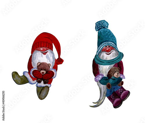 Watercolor illustration of two cute funny Christmas gnomes isolated on a white background.