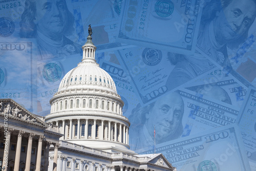 US National Capitol in Washington, DC. The building of the United States Congress is on the background of 100 dollar bills.