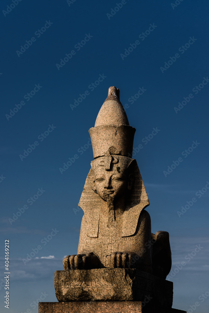 Antique Egyptian monument of the Sphinx in St. Petersburg in Russia. The monument was made during the time of the pharaohs in Egypt (approximately 2000-3000 BC)