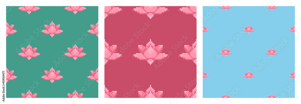 Adorable set with lotus flower seamless patterns. Pixel art vector illustration background