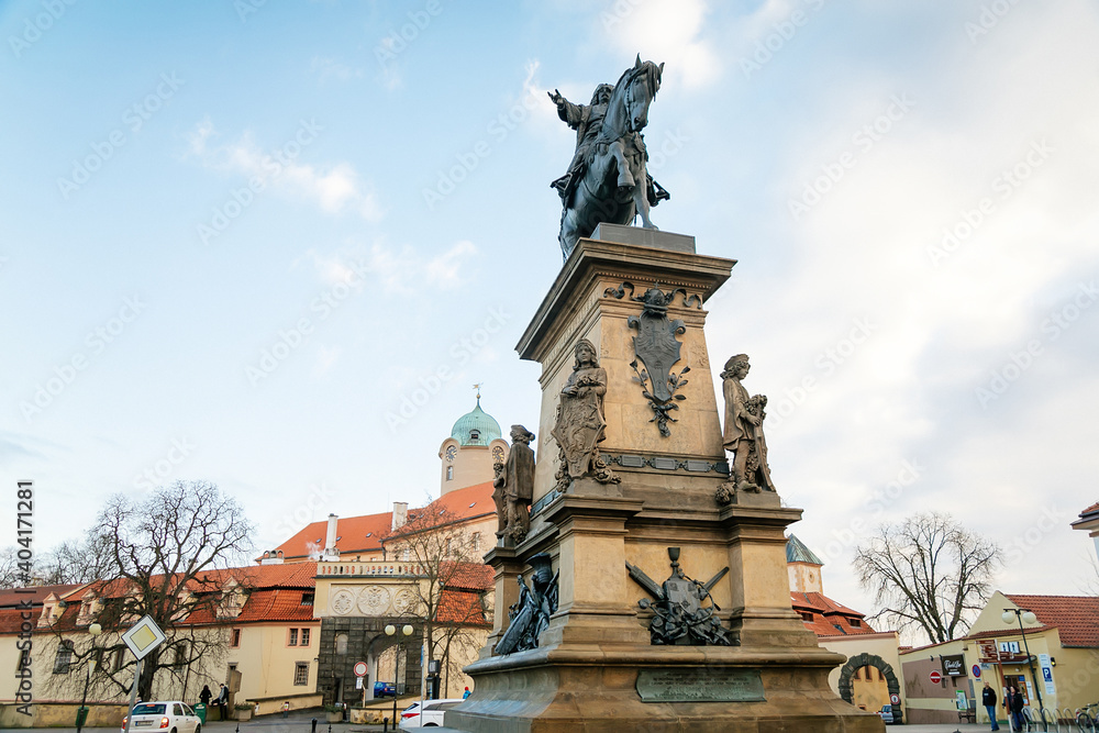Main square of King George of Podebrady with his equestrian statue, Jiri z Podebrad, historical spa town, Podebrady, Central Bohemia, Czech Republic
