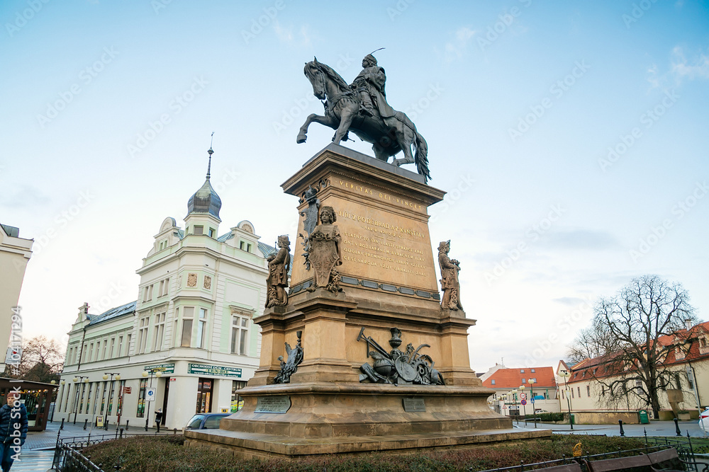 Main square of King George of Podebrady with his equestrian statue, Jiri z Podebrad, historical spa town, Podebrady, Central Bohemia, Czech Republic Main square of King George of Podebrady with his equestrian statue, Jiri z Podebrad, historical spa town, Podebrady, Central Bohemia, Czech Republic