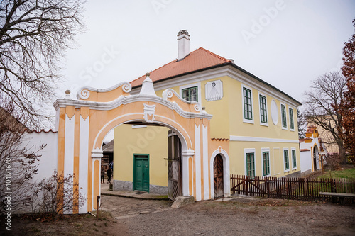 Entrance gateway and side gate, gamekeepers lodge, Traditional historic country-style architecture in Skanzen, Polabi open-air ethnographic museum, Prerov nad Labem, Czech Republic