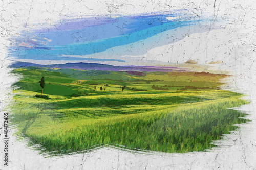 Watercolor of green Tuscany field in summer  Italy