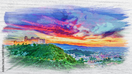 Canvastavla Beautiful sunset over the castle in Spoleto, Umbria, watercolor painting
