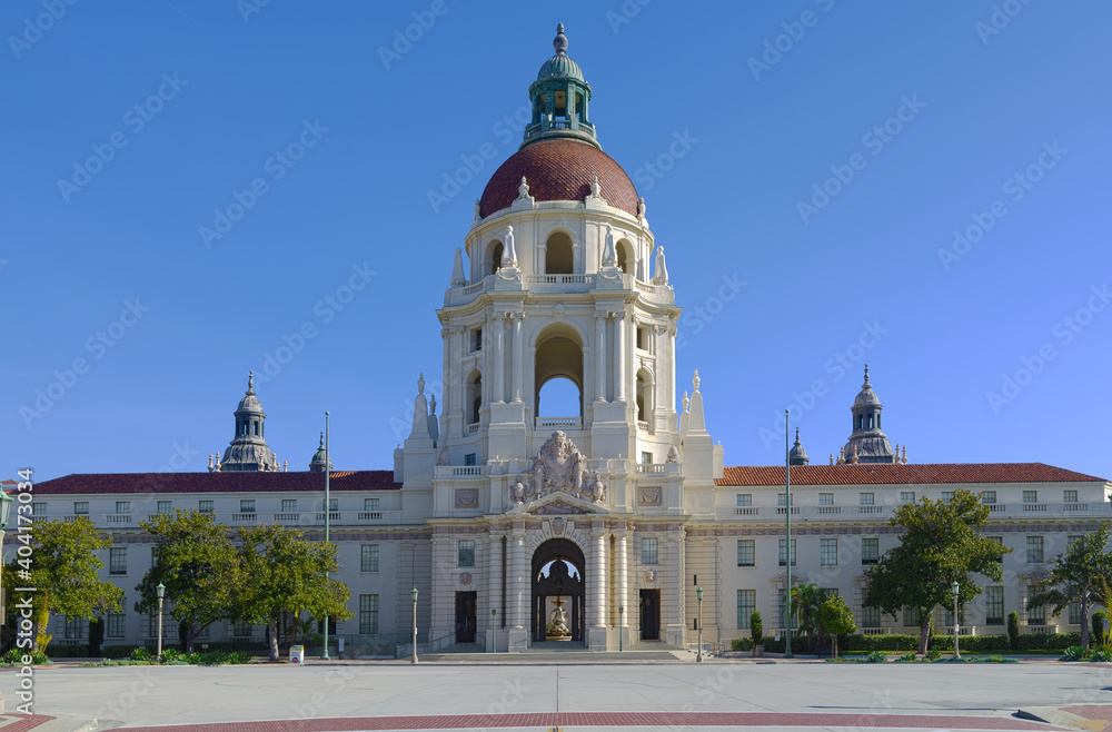 This is an HDR image looking east of the Pasadena City Hall. This landmark was built in 1927. The City of Pasadena is located in Los Angeles County.