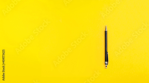Black metal nib ballpoint pen on yellow background with copy space text place. School education. Tool of author writer. Banner with automatic pencil. Stationery shop advertising. Simple business card photo