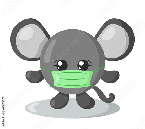 Funny cute kawaii mouse with round body and protective medical face mask in flat design with shadows. Isolated vector illustration  