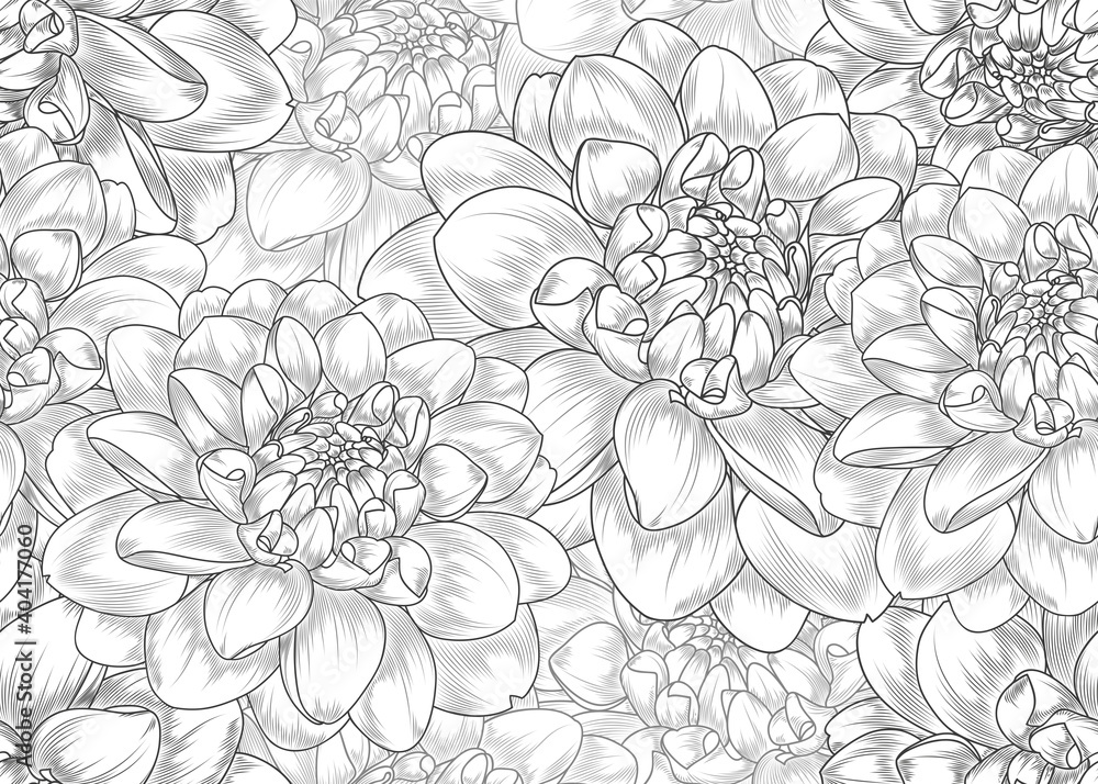 Obraz premium Seamless abstract pattern with elegant hand-drawn dahlia flowers. Elements for design of wallpaper gift paper packaging. Vector illustration.