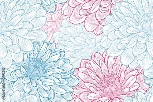 Beautiful floral abstract seamless hand-drawing background with chrysanthemum flowers.