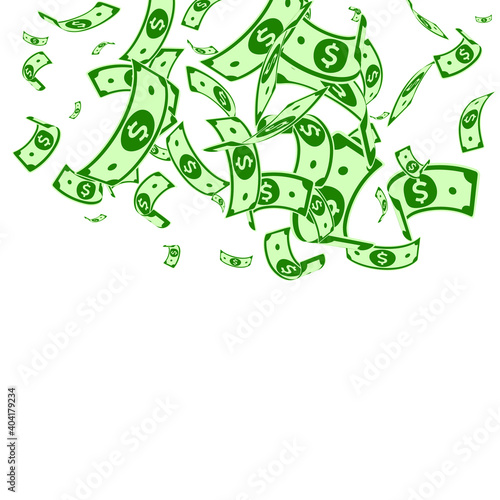 American dollar notes falling. Random USD bills on white background. USA money. Curious vector illustration. Brilliant jackpot  wealth or success concept.