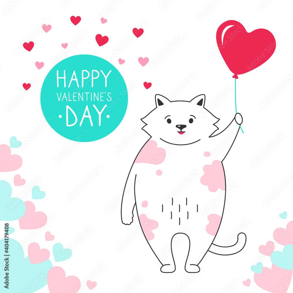 Cat with air balloon, hearts background Happy Valentines Day greeting card. Draw doodle cartoon style. Romantic banner cute kitten. Design for print, about love hearts vector illustration
