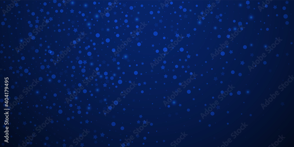 Magic stars random Christmas background. Subtle flying snow flakes and stars on dark blue night background. Beautiful winter silver snowflake overlay template. Excellent vector illustration. Magic stars random Christmas background. Subtle flying snow flakes and stars on dark blue night background. Beautiful winter silver snowflake overlay template. Excellent vector illustration.
