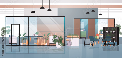 empty coworking center modern office room interior creative open space with furniture horizontal vector illustration