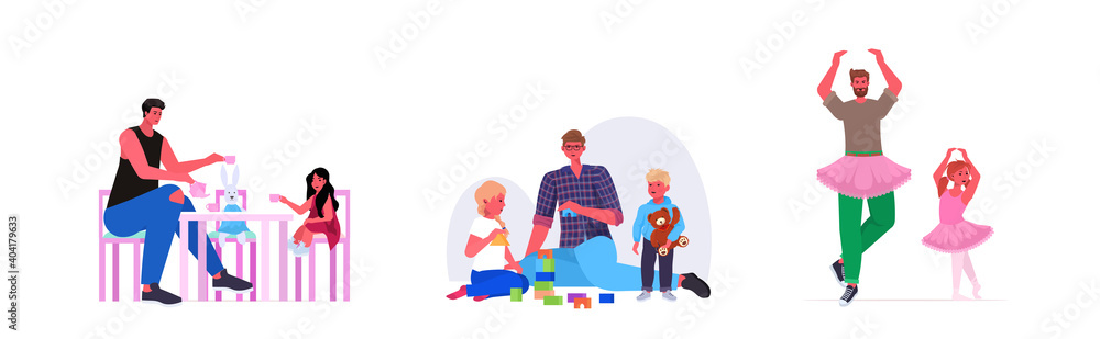set young father spending time with his children parenting fatherhood concept full length horizontal vector illustration